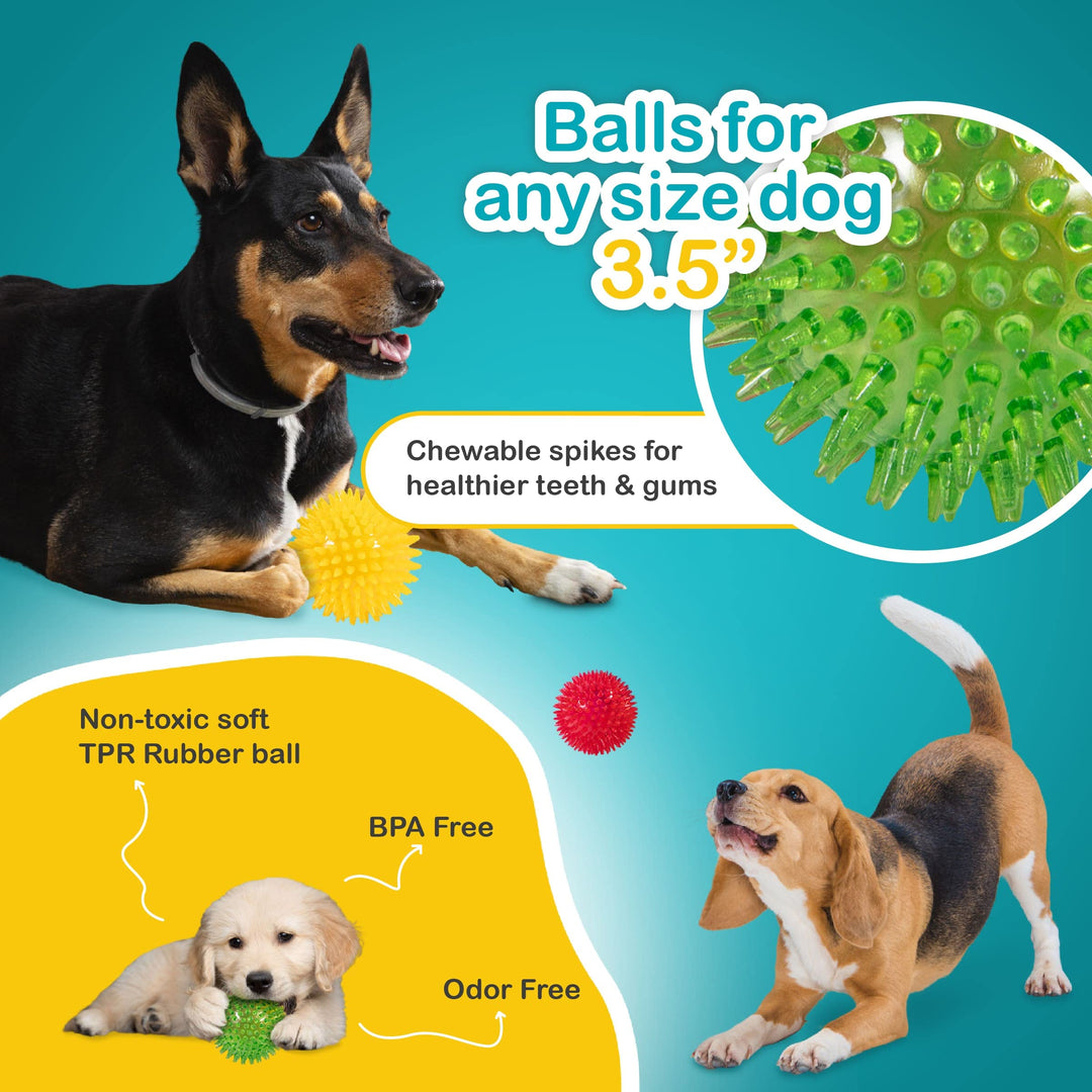 3.5” Spikey Dog Balls (4 Pack) Squeaky Dog Toys | Cleans Teeth for Healthier Gums | Non-Toxic BPA-Free for Aggressive Chewers | Spikey Balls in Red, Blue, Yellow, and Green