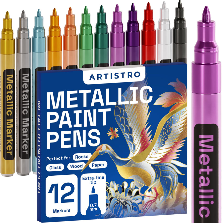 Metallic Paint Pens for Rock Painting, Stone, Ceramic, Glass, Wood, Fabric, Pebbles, Scrapbook Journals, Photo Albums, Card Stocks. Set of 12 Acrylic Paint Markers Extra-Fine Tip 0.7mm