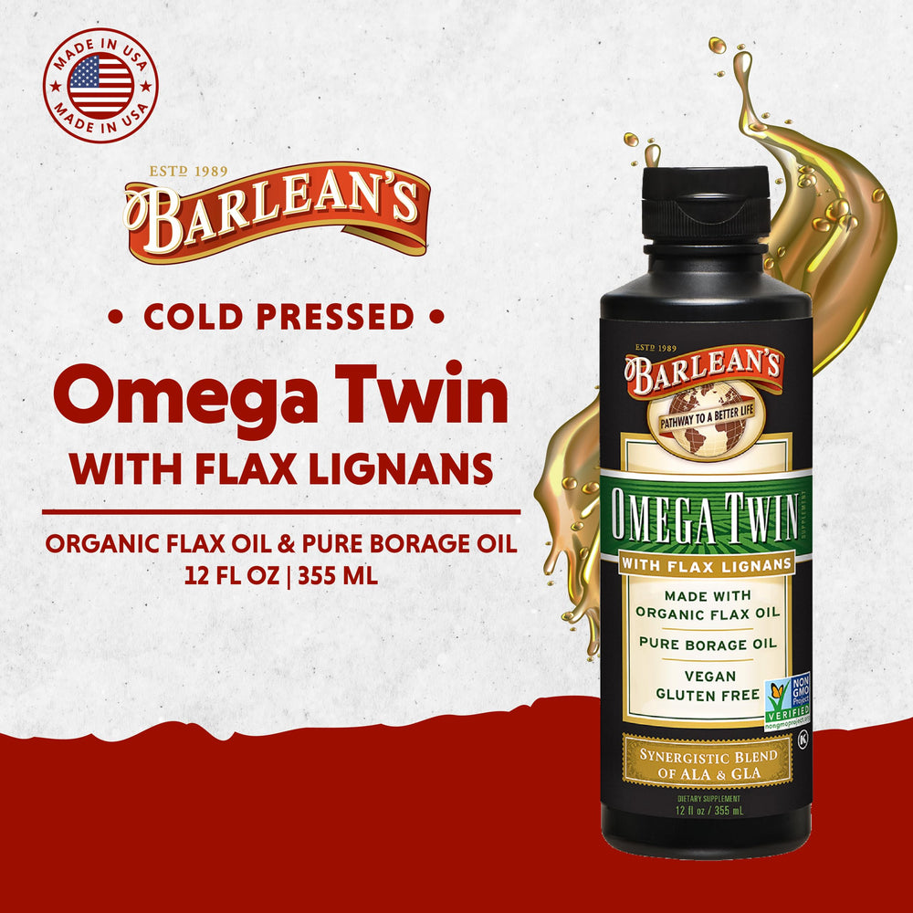 Omega Twin Liquid Flaxseed Oil and Pure Borage Oil Supplement with Lignans, 6,010mg ALA and 465mg GLA Omega Fatty Acids from Organic Flax Seed and Cold Pressed Borage Seeds, 12 oz