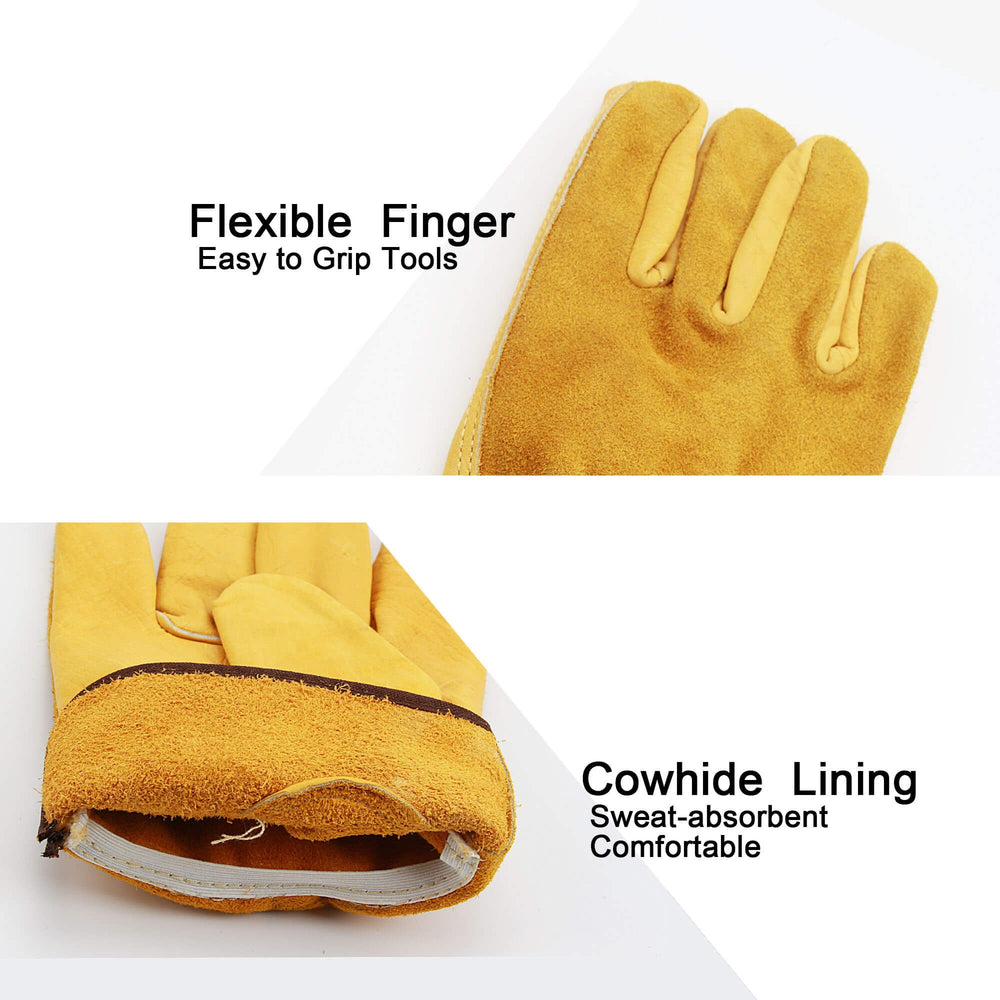 Leather Work Gloves Flex Grip Tough Cowhide Gardening Glove for Wood Cutting/Construction/Truck Driving/Garden/Yard Working for Men and Women 1 Pair (Gold,Medium)