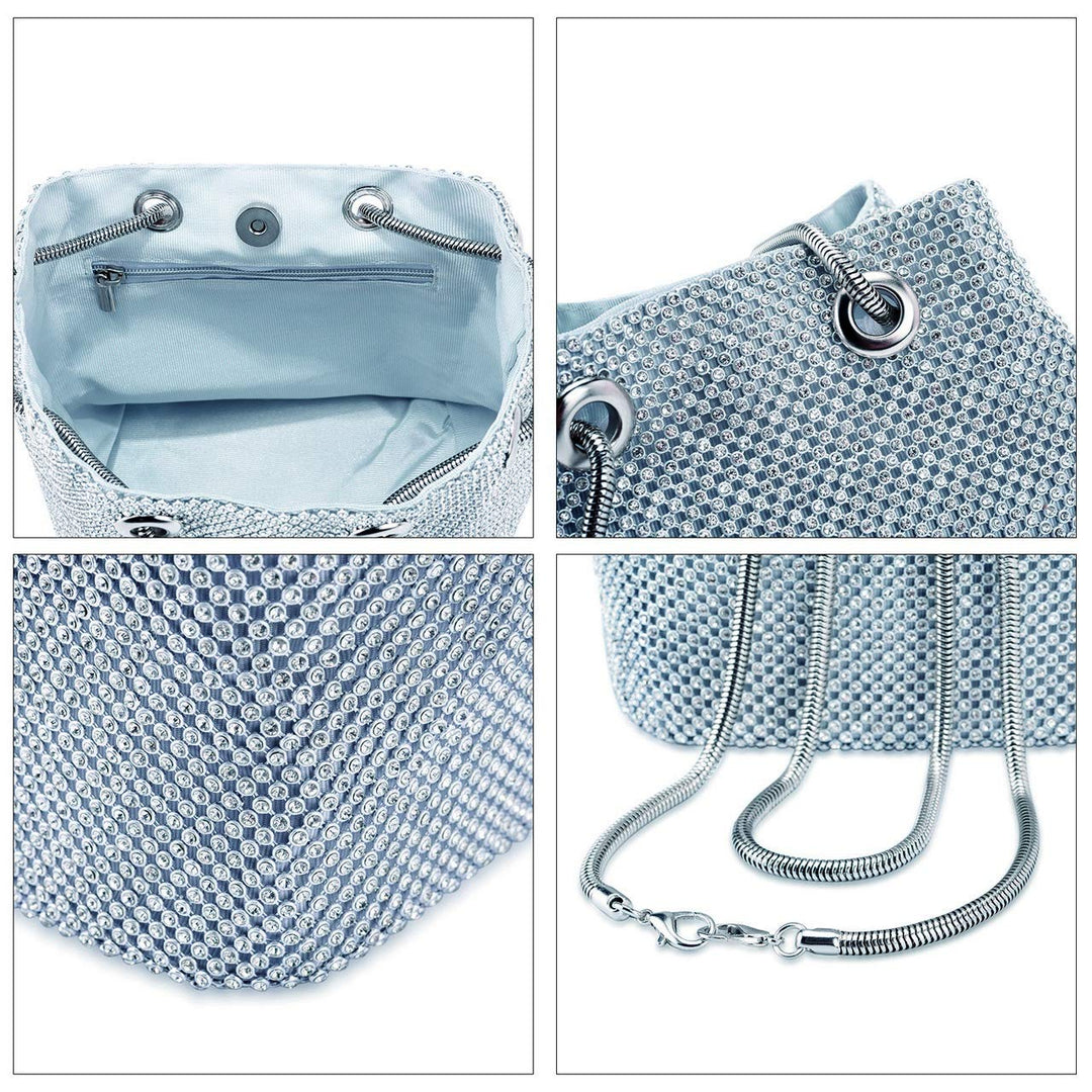 Women Rhinestones Crystal Clutch Mini Evening Bags Bucket Bag Party Prom Wedding Small Shoulder Cross-body Purses (Mini, Silver)