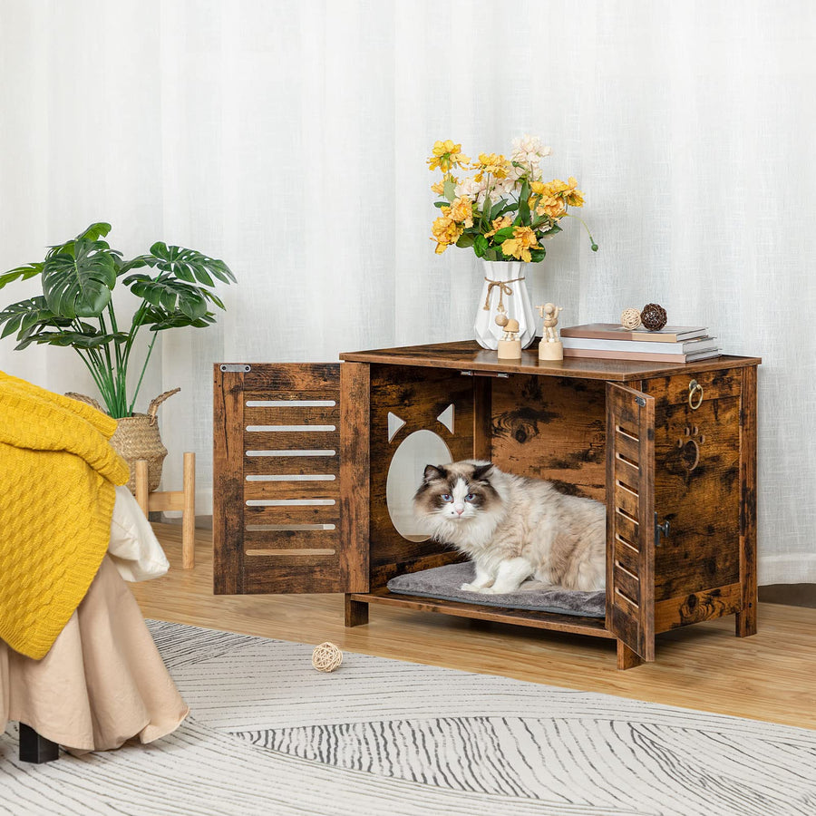 Cat Litter Box Enclosure, Hidden Litter Box Furniture with Shutter Door and Head Mat, Cat Litter Box Furniture Fit Most of Litter Box, 31.5''L x 17.7''W x 19.9''H, Rustic Brown BF06MW01