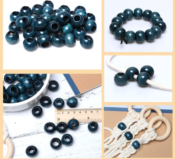 20mm Wooden Beads Macrame Beads with 10mm Large Hole Wood Macrame Beads Round Spacer Loose Beads Bulk for Jewelry Making Garland Decor Home Wall Hanging Craft (Blue)