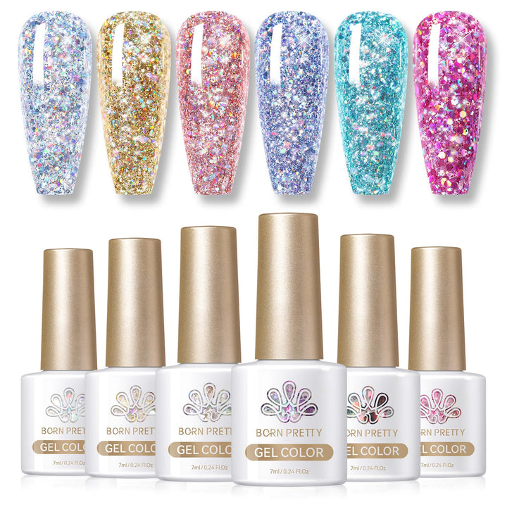 BORN PRETTY Glitter Gel Polish Sparkly Shiny Gold Silver Pink Glitter Gel Nail Polish Kit Soak Off UV Nail Gel Gift Box Nail Art Manicure Varnish Kit 7ML 6PCS