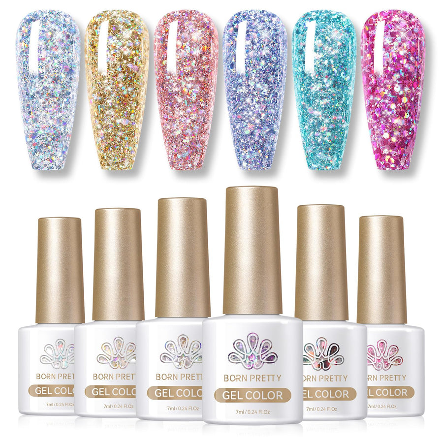 BORN PRETTY Glitter Gel Polish Sparkly Shiny Gold Silver Pink Glitter Gel Nail Polish Kit Soak Off UV Nail Gel Gift Box Nail Art Manicure Varnish Kit 7ML 6PCS