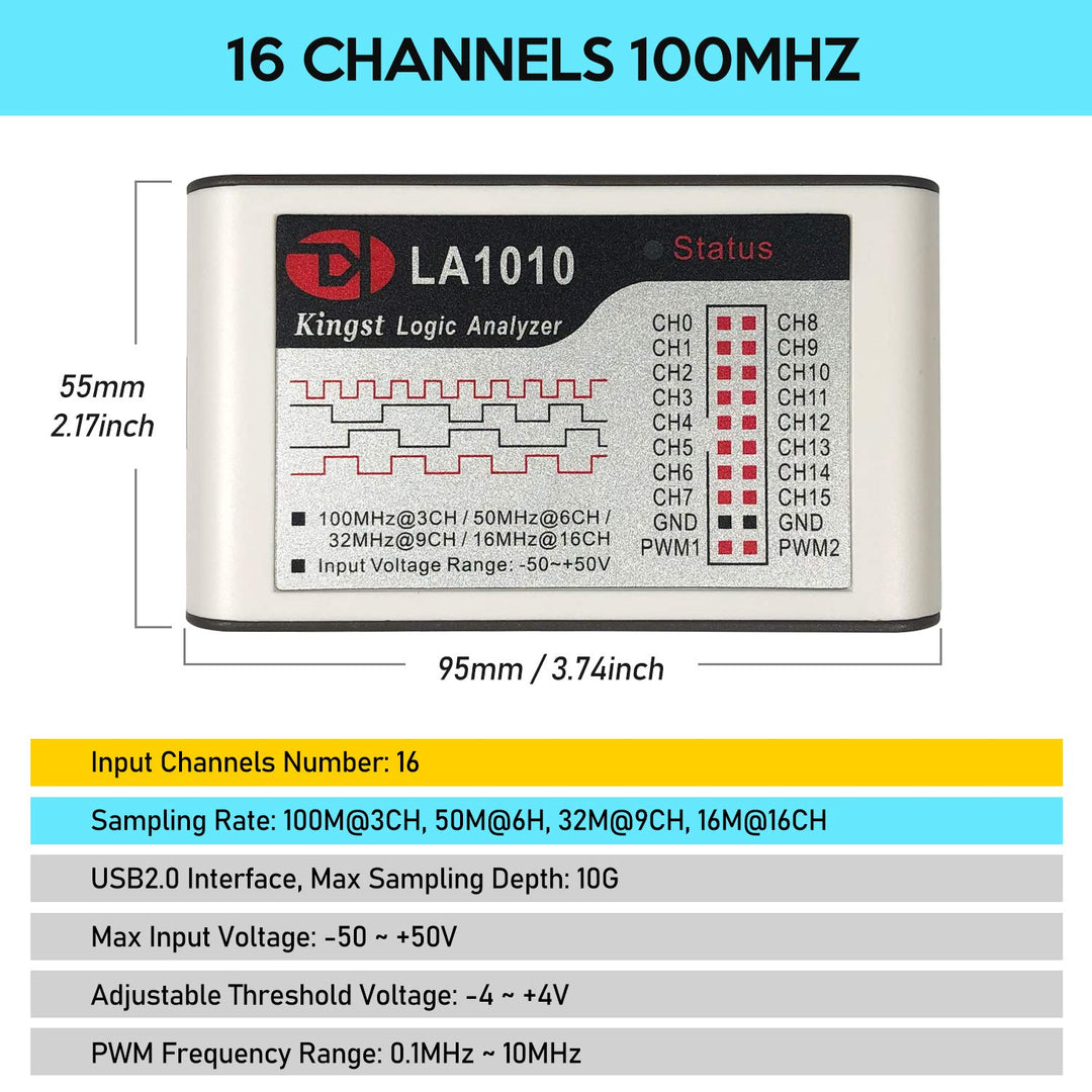 LA1010 USB Logic Analyzer 16 Input Channels 100MHz with The English PC Software Handheld Instrument,Support Windows (32bit/64bit),Mac OS,Linux