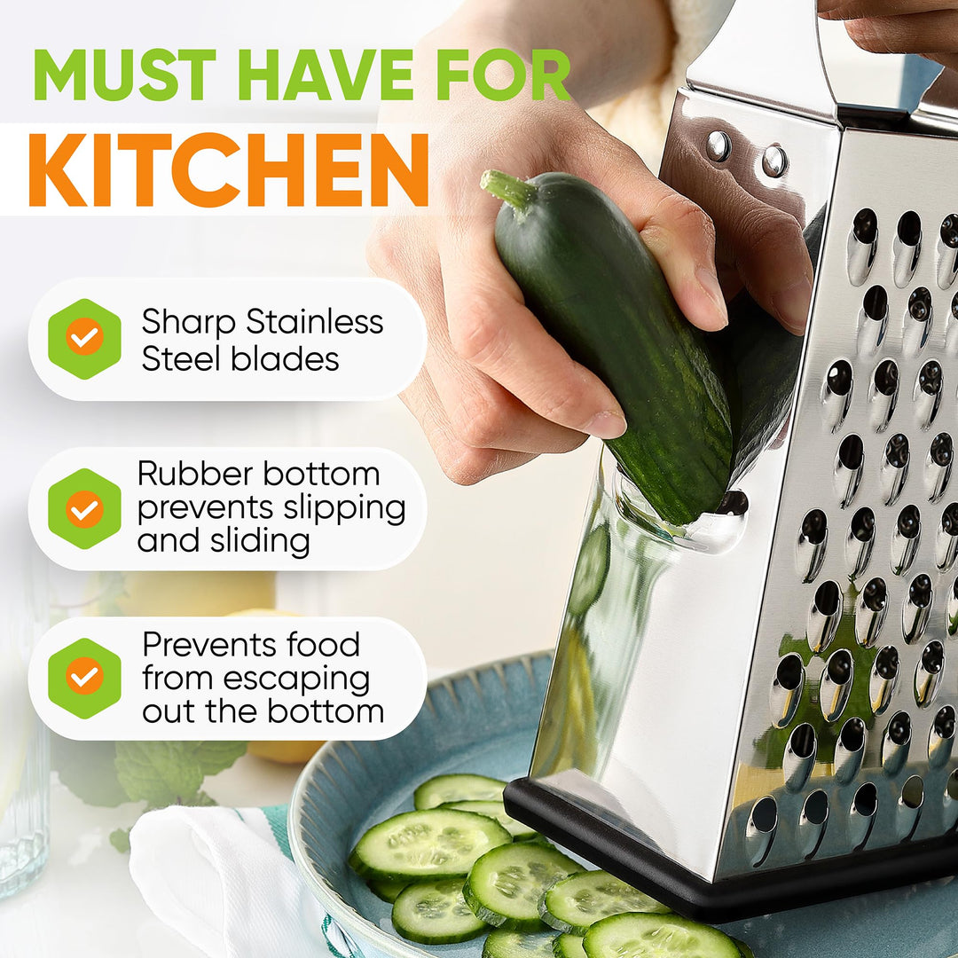 Professional Large Parmesan Cheese Grater, Stainless Steel Metal Box Grater with Handle, 4 Sided Handheld Kitchen Food Shredder for Cheese, Carrot, Veggie, Ginger, Potato - Dishwasher Safe