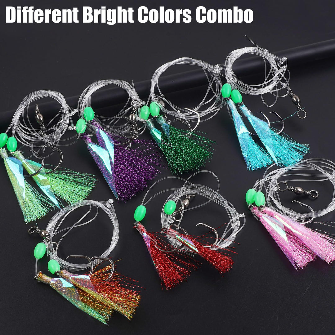 Bait Rigs Set, Fishing Bait Rigs, Fishing Rigs with Sharp Circle Hooks Fish Skin Glow Beads Saltwater Bottom Fishing Rigs Rock Cod Rigs for Rockfish Lingcod Sea Bass 7 Pack