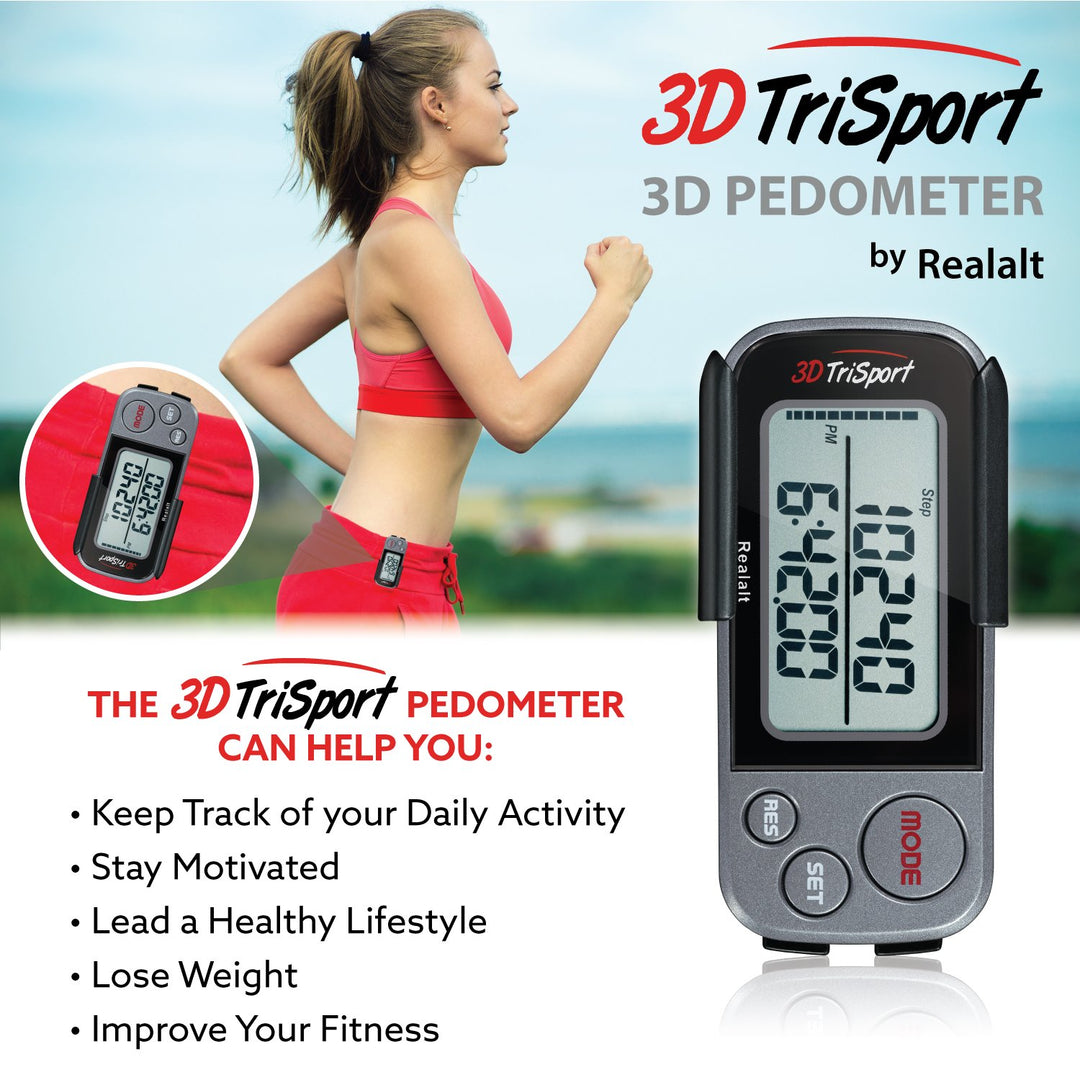 3DTriSport Walking 3D Pedometer with Clip and Strap, Free eBook | 30 Days Memory, Accurate Step Counter, Walking Distance Miles/Km, Calorie Counter (Grey, 3 L x 1.3 W x 0.4 H)