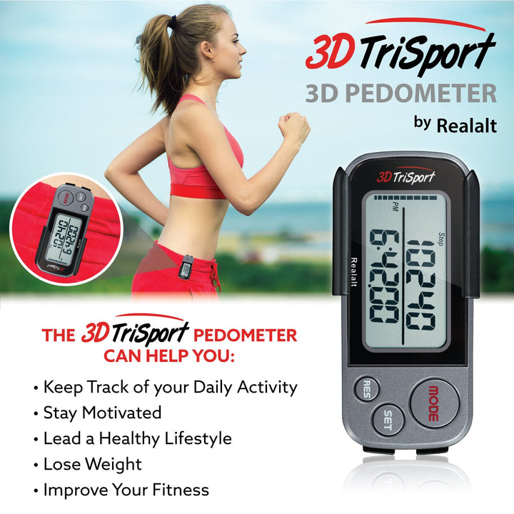 3DTriSport Walking 3D Pedometer with Clip and Strap, Free eBook | 30 Days Memory, Accurate Step Counter, Walking Distance Miles/Km, Calorie Counter (Grey, 3 L x 1.3 W x 0.4 H)