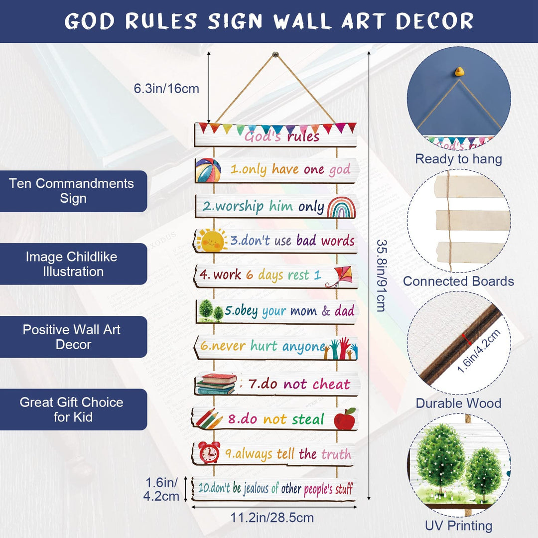 God Rules Sign Wall Decor 11 Pieces Wooden Hanging Wall Art Inspirational Religious Art Wall Decors Ten Commandments for Bedroom Classroom Playroom Decor Christian Gift