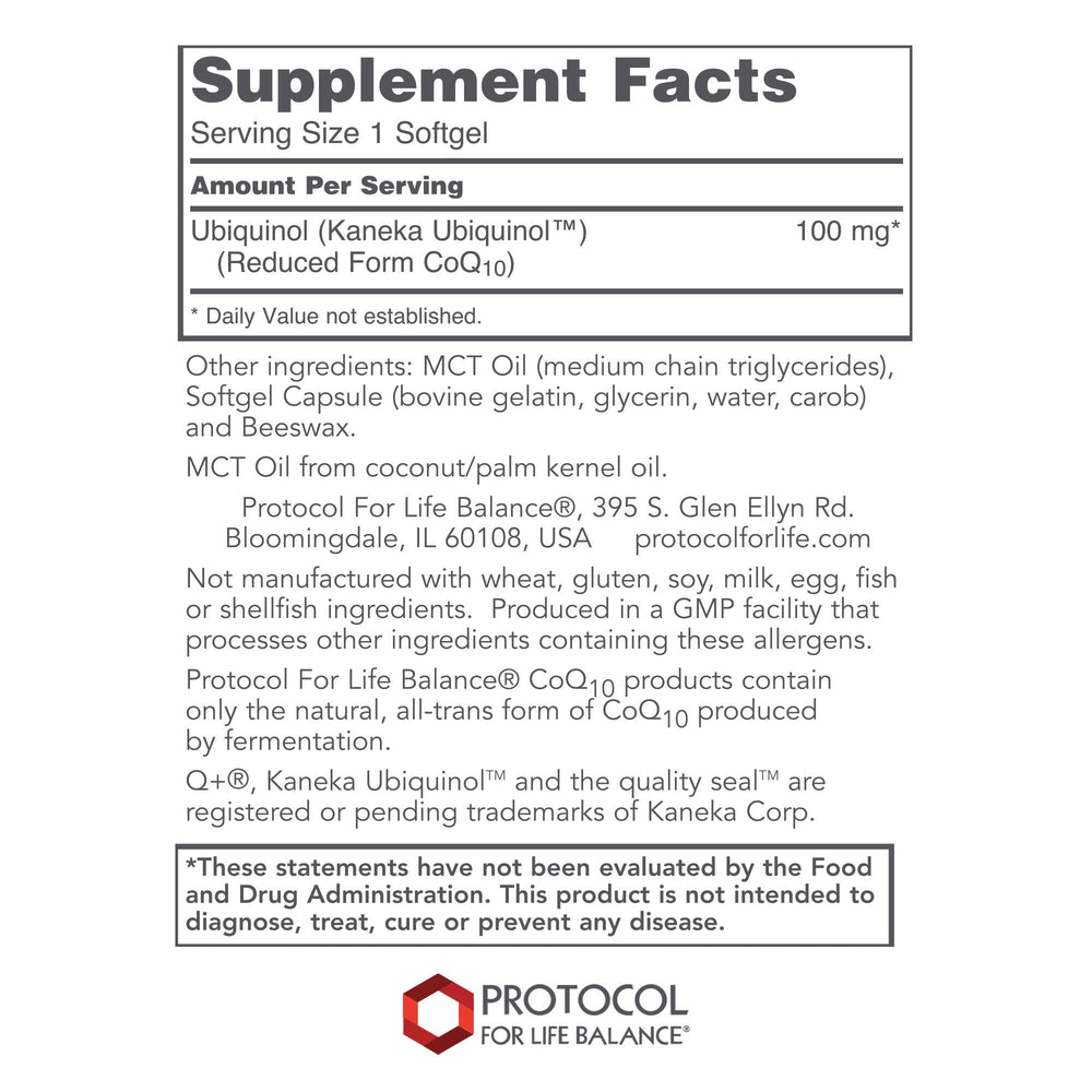 Protocol For Life Balance - Ubiquinol 100 mg - Cardiovascular Support with Active Form of CoQ10, Supports Energy Production, Heart Health, Antioxidant Activity - 60 Softgels