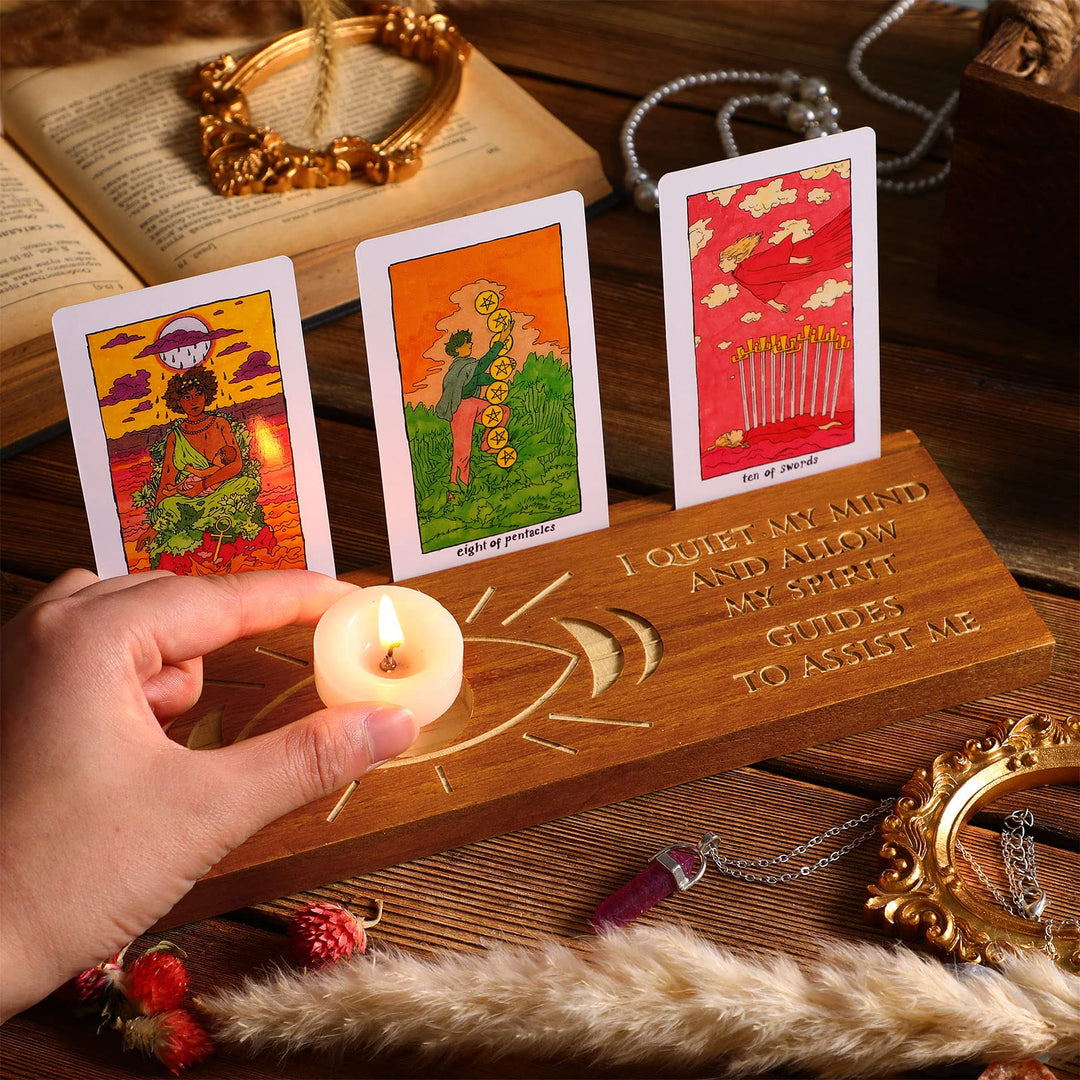 Wooden Tarot Card Stand Moon Phase Tarot Card Holder Stand Rectangle Card Display Stand Lenormand or Oracle Pagan Altar Supplies Tarot Card Decor for Divination Tools