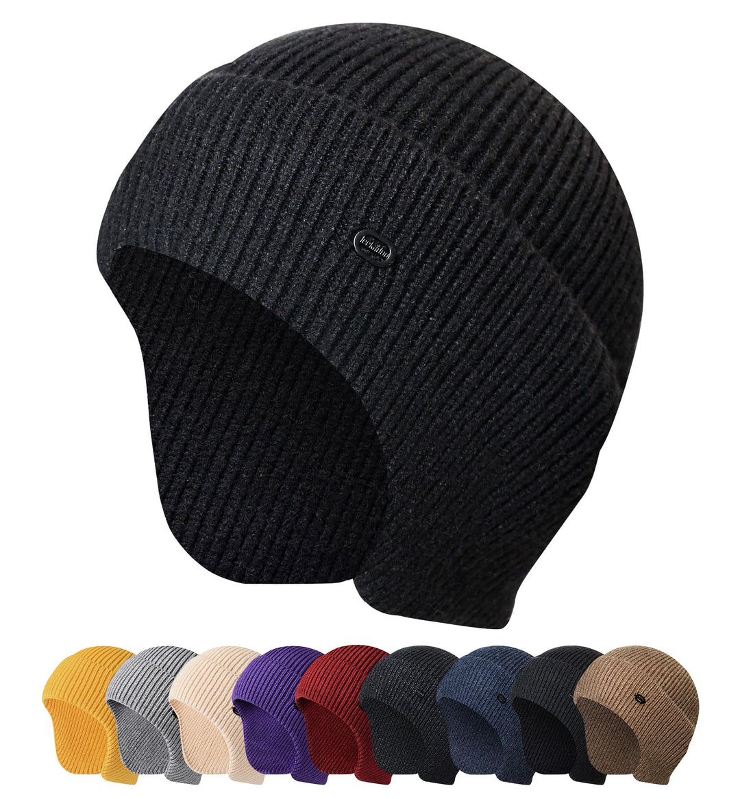 Knit Beanie Winter Hats Ear Covers for Men Women Kids-Warm Daily Headwear (Black)