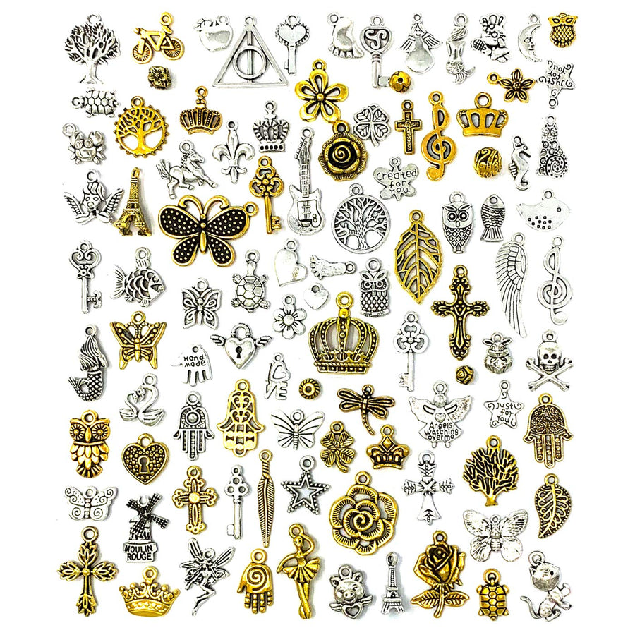 100 PCS Wholesale Bulk Lots Jewelry Making Charms Mixed Antique Silver&Golden Alloy Charms Pendants DIY for Necklace Bracelet Jewelry Making and Crafting