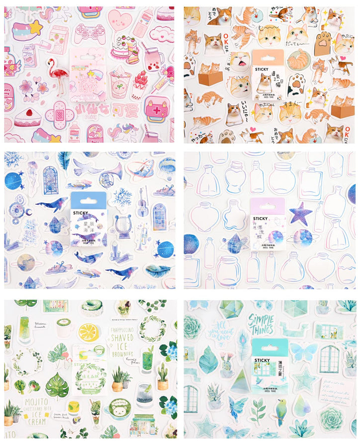 Kawaii Paper Sticker Set (6 Set, 276 Pieces) Fresh Summer Pink Girl Stuff Succulent Plant Planet Whale Snowflake Cold Drink Drifting Bottle Cute Cat Decorative Stickers for Srapbooking Album Planner