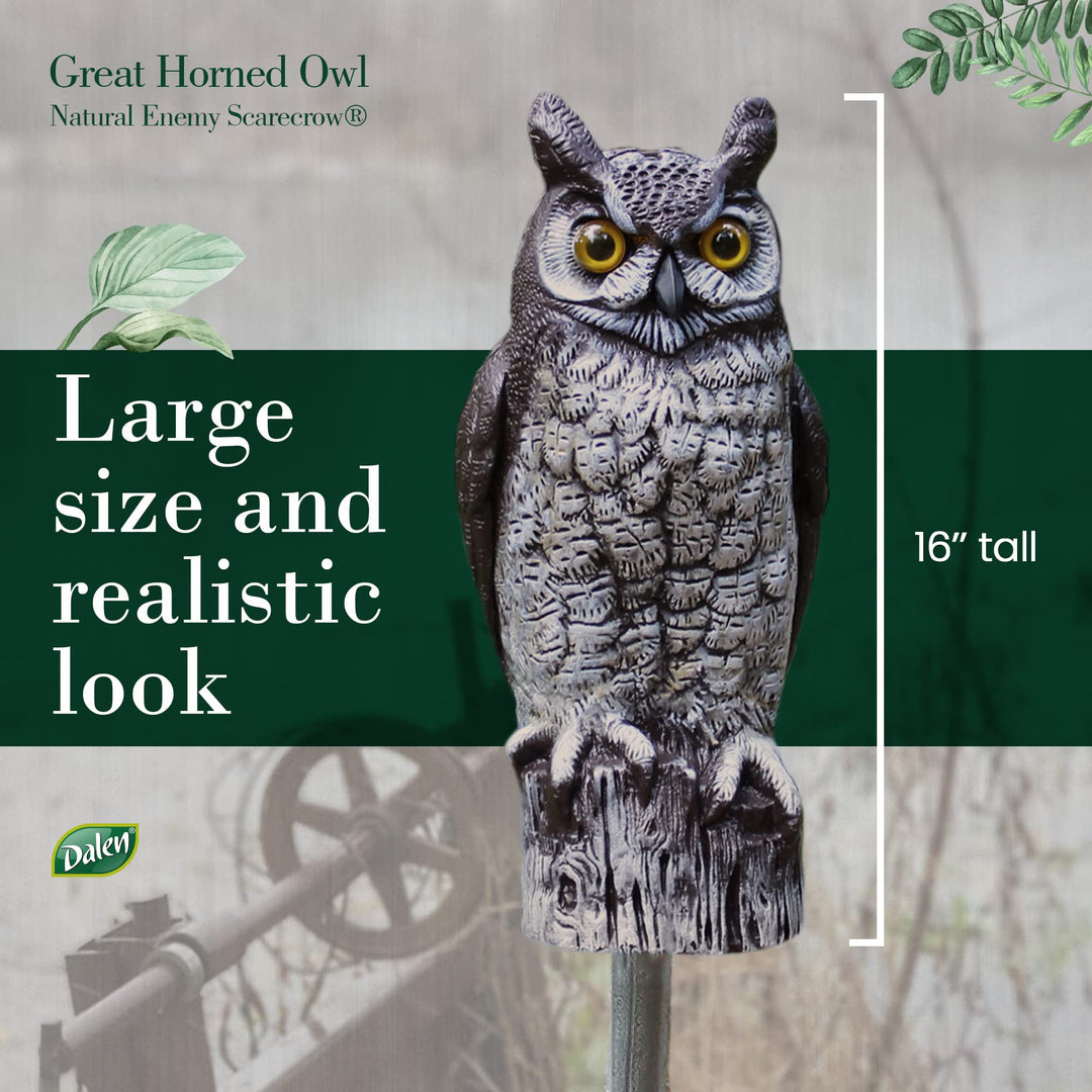 Fake Owl Decoy to Scare Birds Away from Gardens, Rooftops, and Patios - Scarecrow Provides Chemical-Free Pest Control - Safe and Humane, 16 Great Horned Owl