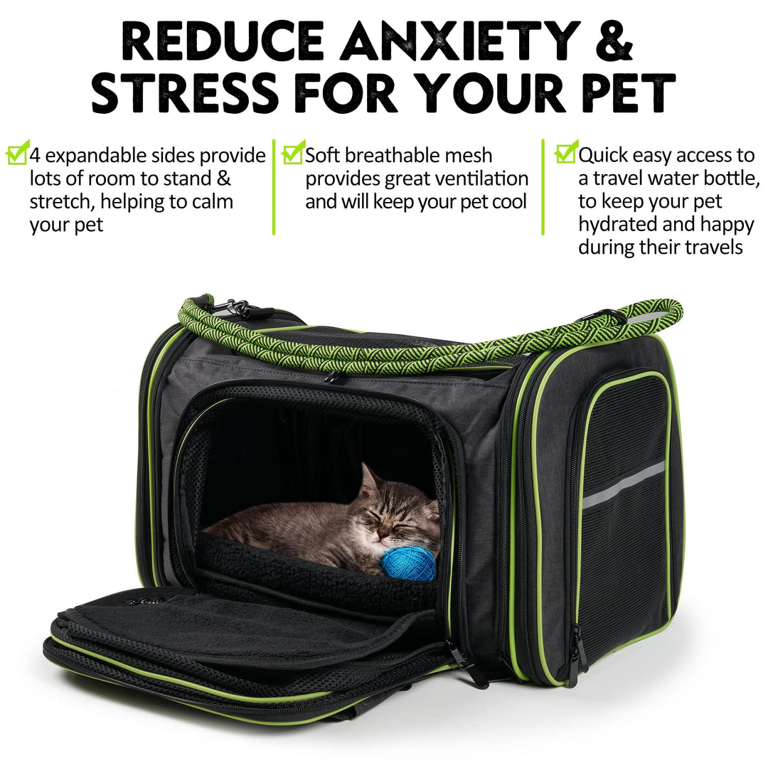 - 4 Side Expandable Pet Carrier for Cats and Small Dogs - with Pet Leash, Travel Water Bottle and Collapsible Container - TSA Airline Approved - Soft-Sided Large Cat Carrier