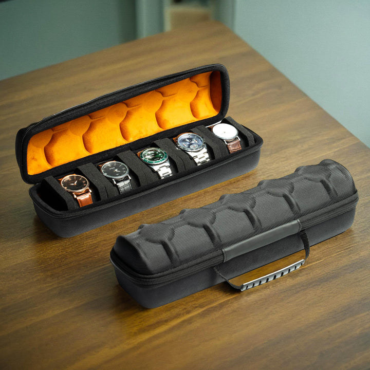 watch travel case, hard watch roll, men&#39;s watch case holder, watch box display organizer (Brown Microfiber Lining 5 Slots)