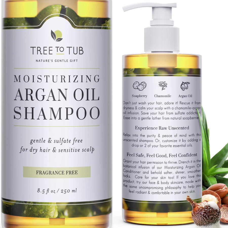 Fragrance Free Shampoo for Dry & Sensitive Scalp - Gentle Unscented Hydrating Hair Shampoo for Women & Men, Moisturizing Sulfate Free Shampoo w/Organic Argan Oil, All Natural Soapberry