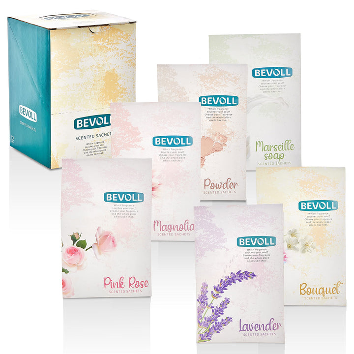 Scented Sachets 12 Packs for Drawers, Closet, Cars, Bathroom, Wardrobe and Gym Bags. Protected Package for Long Lasting Use, Swiss Made Fragrance Oils and Hanger Inside. (Lavender)