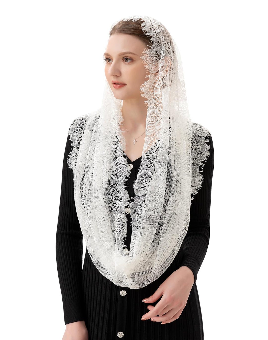 Spanish Style Lace Traditional Vintage Inspired Infinity Shape Mantilla Veil Latin Mass Head Covering (Ivory)