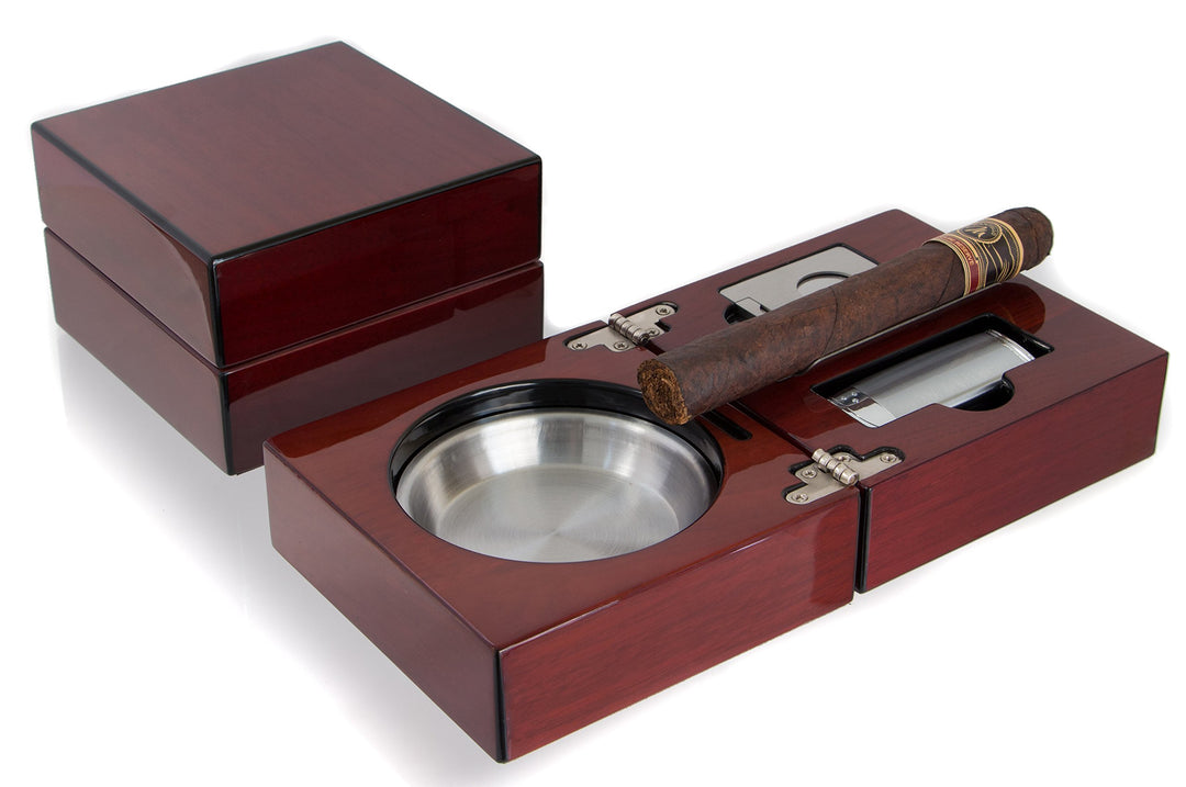 Folding Wood Cigar Ashtray Set w/ Triple Jet Flame Butane Cigarette Torch Lighter and Cutter