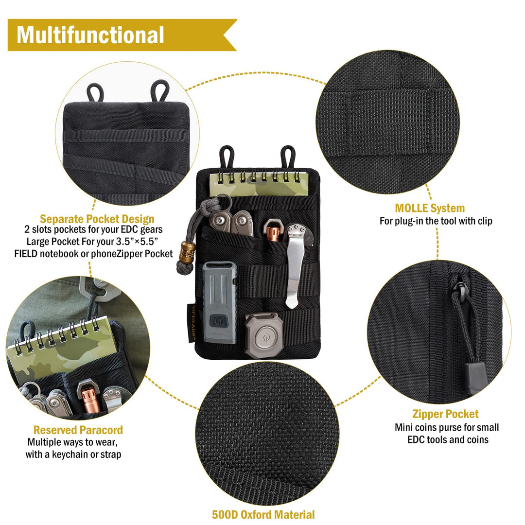 VE3 Tool Pouch Pocket Organizer, Nylon Tool Belt Pouch with 4 Pockets Tool Storage EDC Pouch for Flashlight/Pocket Knife, Tactical Pen, Notebook (Black)