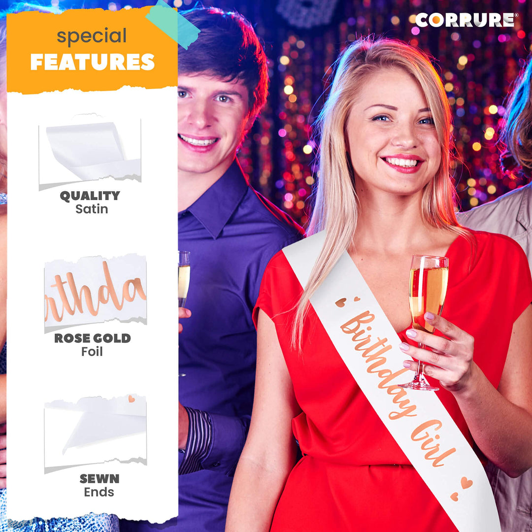 &#39;Birthday Girl&#39; Sash with Rose Gold Foil - Soft Satin White Sash for Women - Happy Birthday Sash for Sweet 16, 18th 21st 25th 30th 40th 50th or Any Other Bday