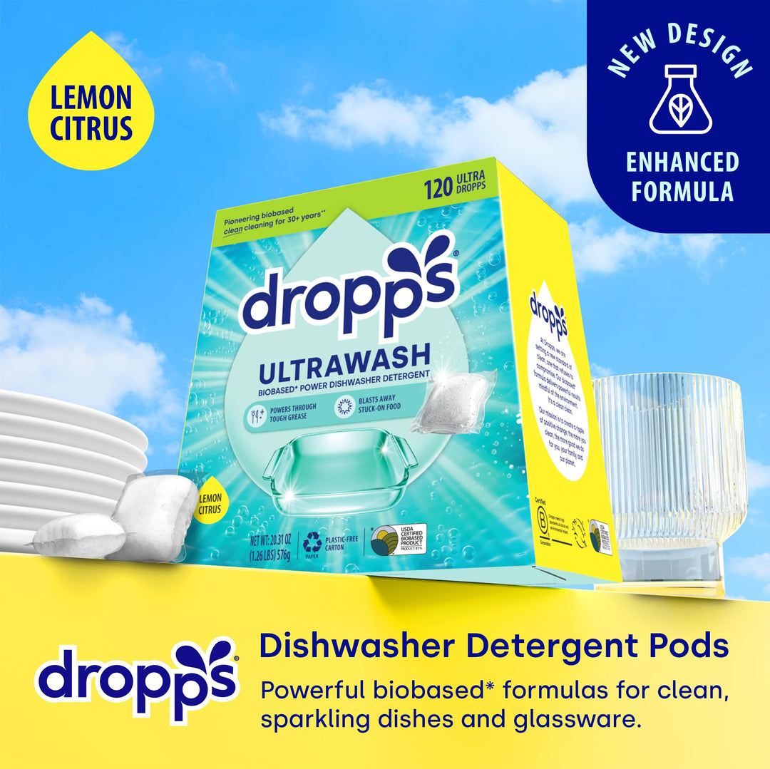 Dropps UltraWash Dishwasher Pods, Lemon Citrus (120 Pods) - Biobased Power Deep Clean Dishwasher Detergent Tablets for Sparkling Shiny Dishes - No Rinse Aid or Pre-Wash Needed - Dishwashing Pods