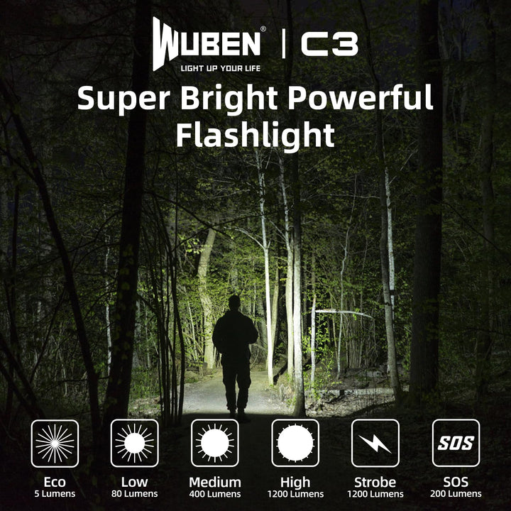 WUBEN C3 Rechargeable Flashlight 1200 High Lumens Super