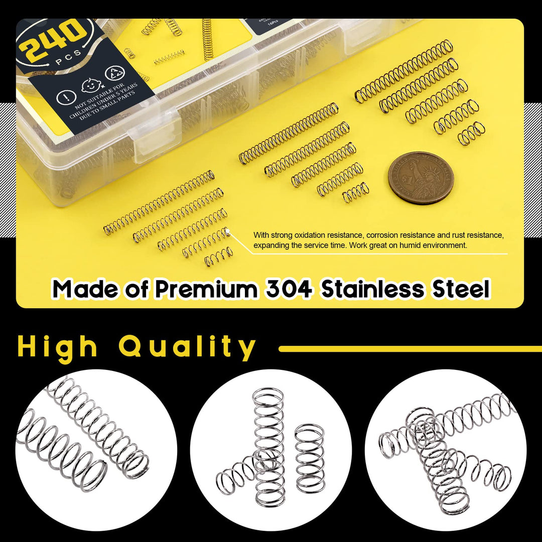 240 Pcs 15 Sizes Compression Springs Assortment Kit Mini Stainless Steel Springs for Repairs with Case, OD 4mm 5mm 6mm, 10-50mm Length, Wire Diameter 0.3mm, 0.4mm, 0.5mm