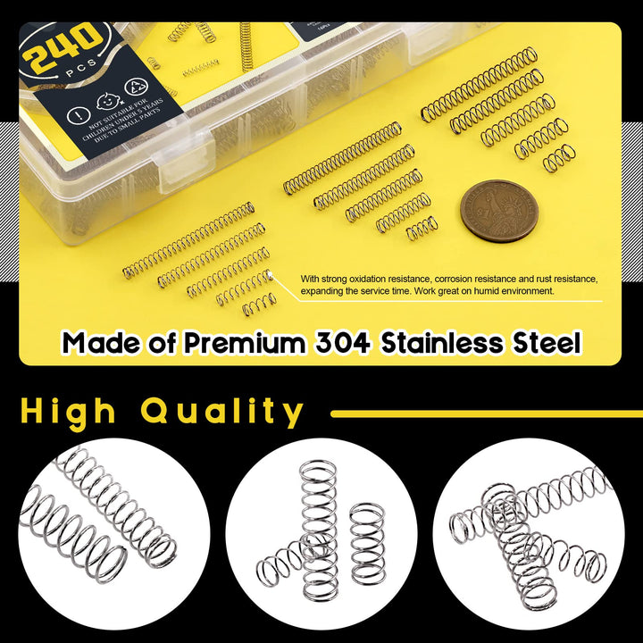 240 Pcs 15 Sizes Compression Springs Assortment Kit Mini Stainless Steel Springs for Repairs with Case, OD 4mm 5mm 6mm, 10-50mm Length, Wire Diameter 0.3mm, 0.4mm, 0.5mm