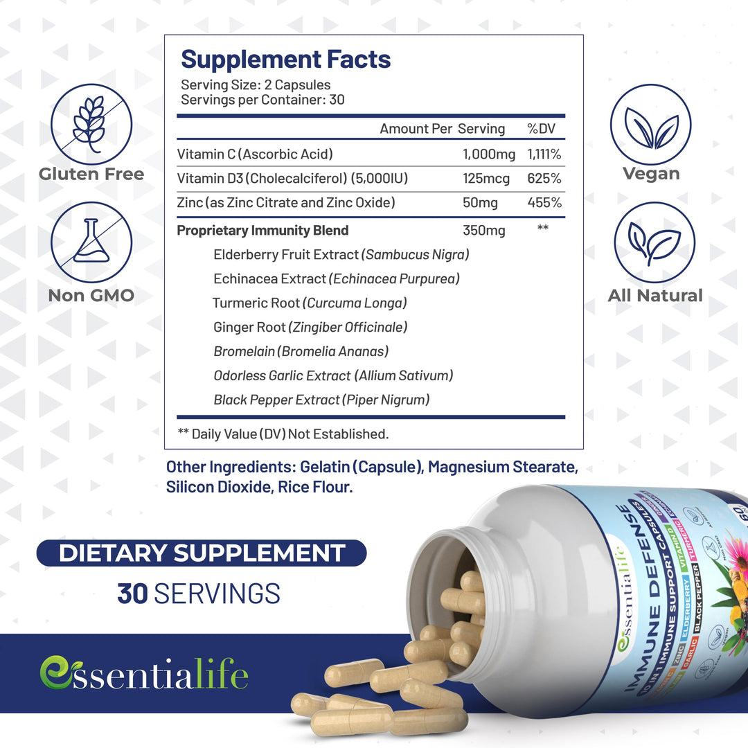 Immune Support Supplement 10 in 1 Elderberry, Echinacea, Vitamin D, Vitamin C 1000mg &amp; Zinc Supplement - Take Charge of Your Health with Immune Booster for Adults - 60 Vitamins Capsules