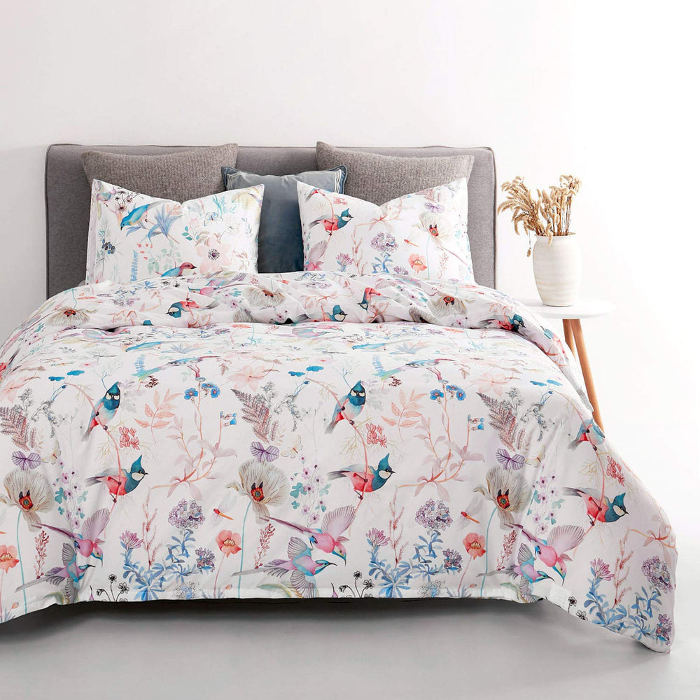 - Bird Comforter Set, Colorful Floral Flowers Leaves Botanical Plant Pattern Printed, Soft Lightweight Bedding, 3 Pieces, Lilac Blue, Queen Size