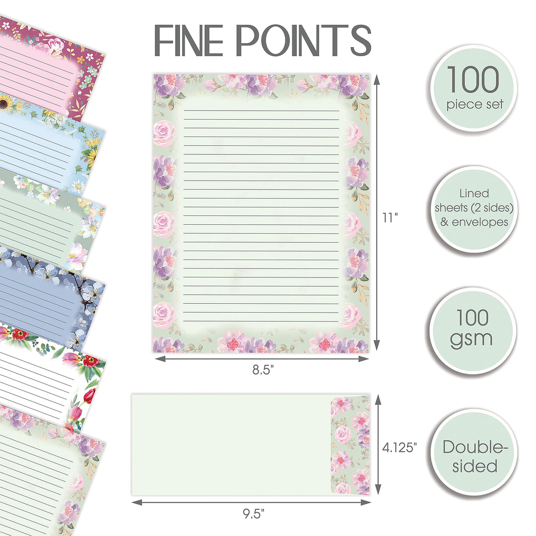 Floral Paper Stationery Set, 100 Piece Set (50 Lined Sheets + 50 Matching Envelopes), Letter Size 8.5 x 11 inch, 6 Designs, Double Sided/Lined Printing Paper,