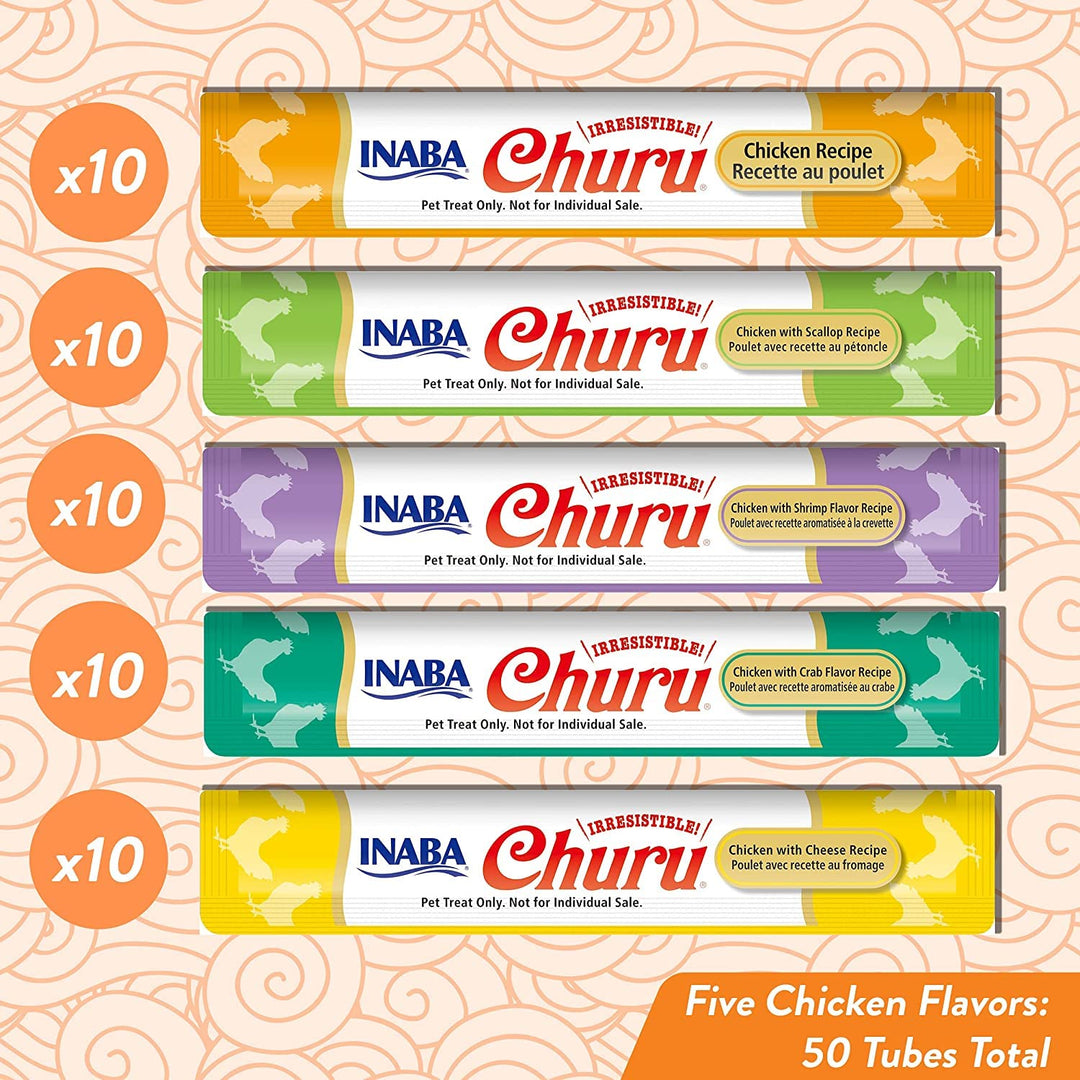 Churu Cat Treats, Grain-Free, Lickable, Squeezable Creamy Purée Cat Treat/Topper with Vitamin E &amp; Taurine, 0.5 Ounces Each Tube, 50 Tubes, Chicken Variety