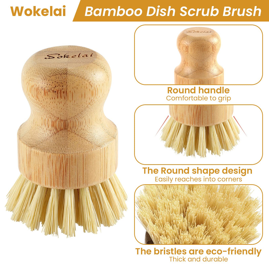 Bamboo Dish Scrub Brushes Set for Kitchen - Wooden Cleaning Scrubbers Brushes, Eco-Friendly Natural Dishes Washing Brush for Dishwashing Cast Iron Pots Pans Skillet Vegetables Sink, Set of 2