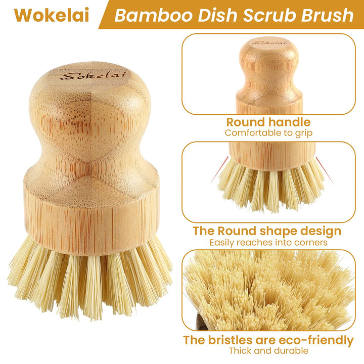 Bamboo Dish Scrub Brushes Set for Kitchen - Wooden Cleaning Scrubbers Brushes, Eco-Friendly Natural Dishes Washing Brush for Dishwashing Cast Iron Pots Pans Skillet Vegetables Sink, Set of 2