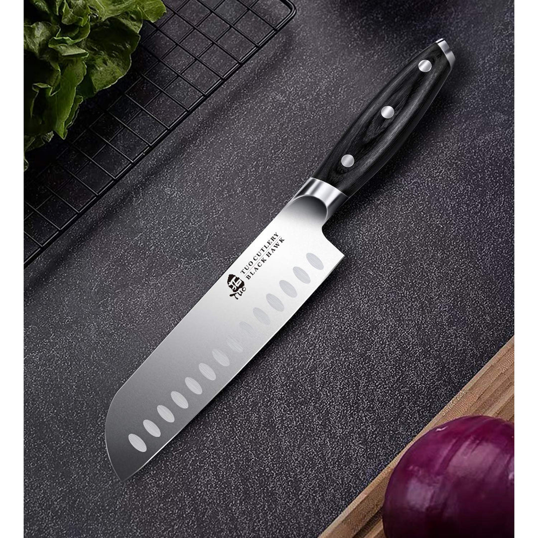 Santoku Knife-7 inch Santoku Chef Knife Kitchen Knives Ultra Sharp Asian Knife Japanese Chefs Knives - German HC Steel - Full Tang Pakkawood Handle - BLACK HAWK SERIES with Gift Box