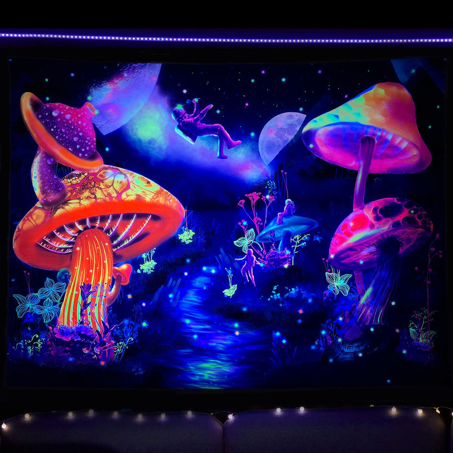 Trippy Tapestry Astronaut and Mushroom Forest Planet Blacklight Tapestry UV Reactive Tapestry for Bedroom Aesthetic Room Decor (60'' x 43'')