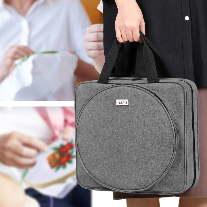 Embroidery Project Bag, Square Embroidery Supplies Storage Tote Bag, Portable Craft Carry Case for Embroidery Kits and Cross Stitch Kits Tools, Multiple Pockets, Gray, Bag Only