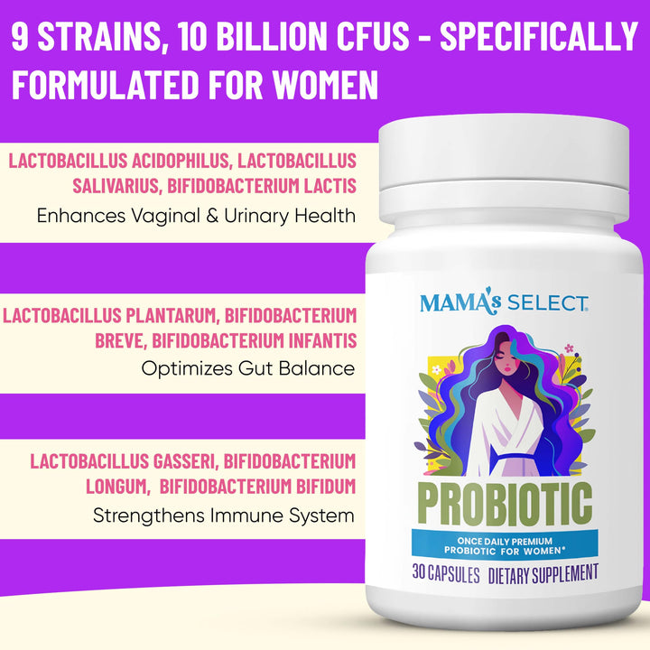 Mama&#39;s Select Probiotics for Women Digestive Health, 9 Live Strains, Including Lactobacillus acidophilus, Adult Pre and Postpartum Gut Health Support, Weight Management, 10 Billion CFUs, 60 Capsules