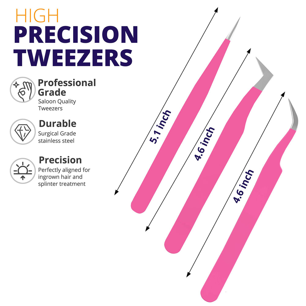 Lash Tweezers for Eyelash Extensions for Volume, Isolation & Classic Lashes, 3 Pack, Pink