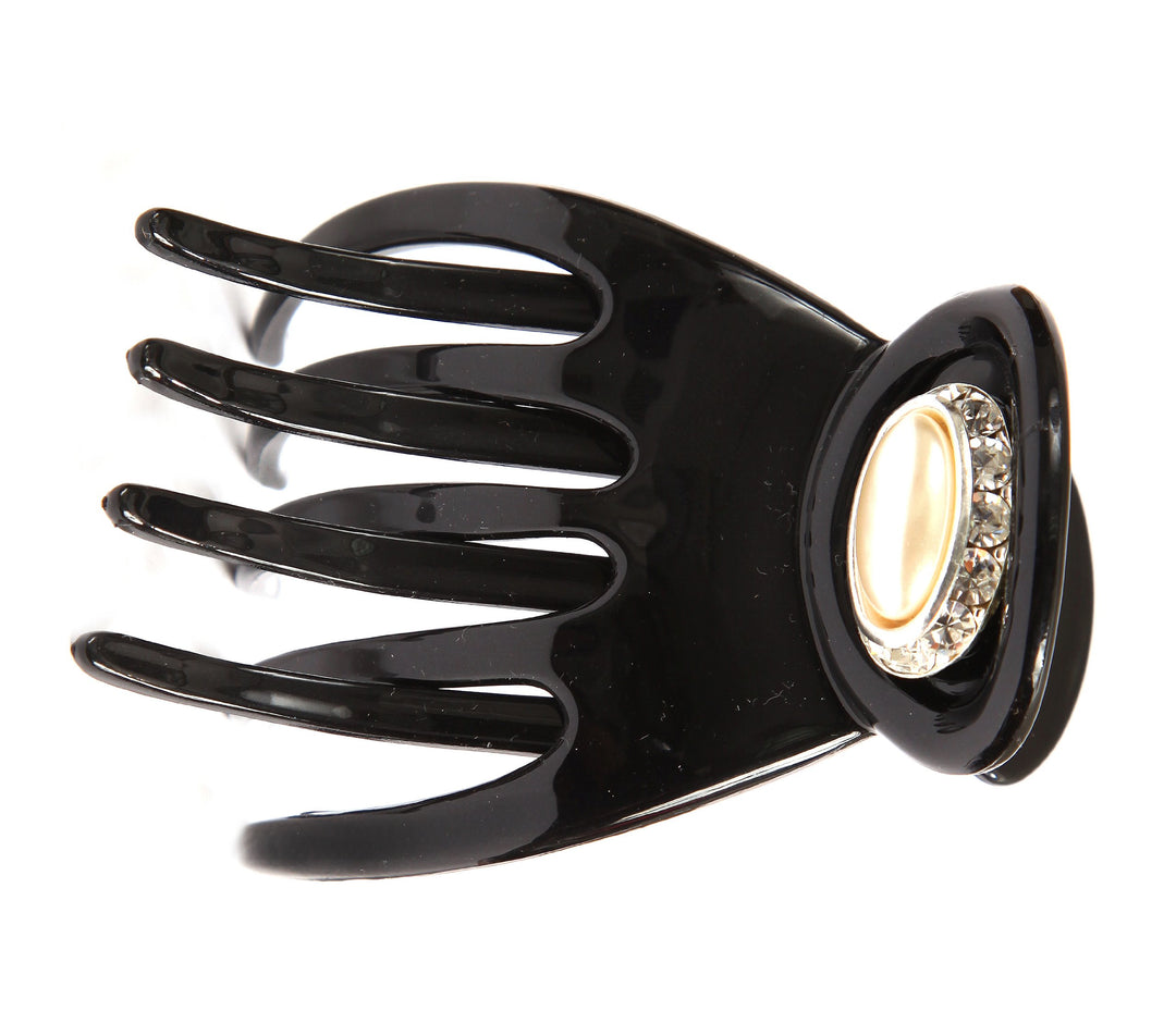Hand Decorated with Large Oval Pearl and Swarovski Crystal Stones French Scoop Duck Clip, Black, .65 Ounce