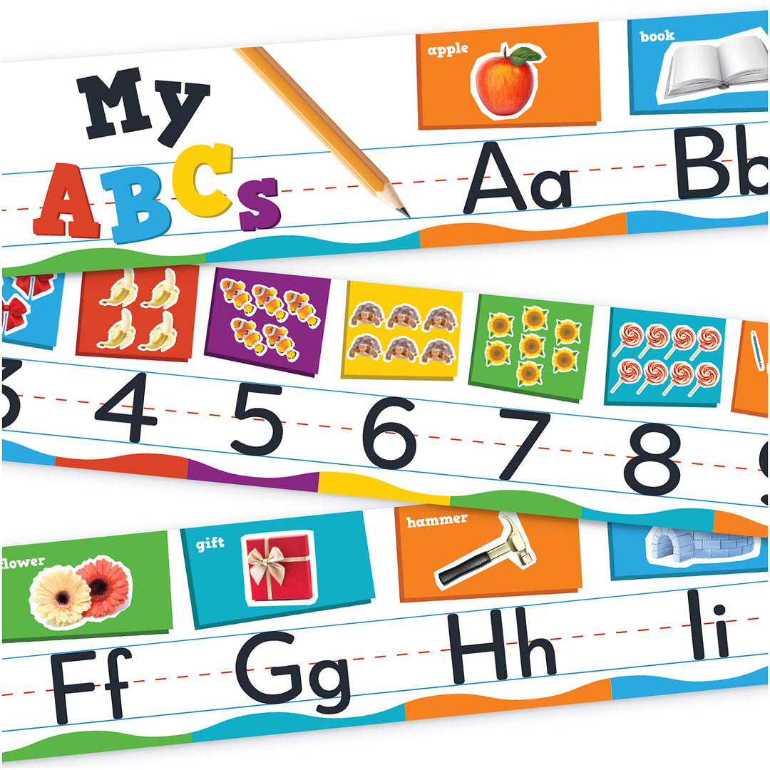 Alphabet Line For Classroom Wall - ABC Alphabet Banner &amp; Number Border Posters - 8” x 56” Glossy Lamination 5 pcs - Kindergarten Preschool Classroom Alphabet Decorations Educational Poster