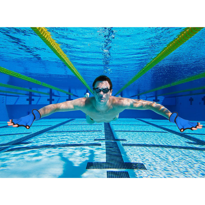 2 Pairs Swimming Gloves Aquatic Swim Training Gloves Neoprene Gloves Webbed Fitness Water Resistance Training Gloves for Swimming Diving with Wrist Strap (Blue,Large)