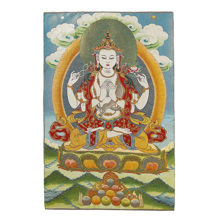 Silk Embroidery Tibetan Thangka with Four Arms Kwan Yin Avalokitesvara Wall Hanging for Home Décor Tapestry Meditation