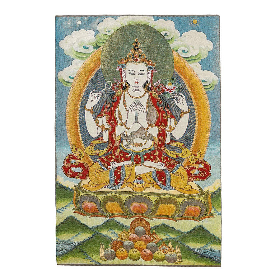Silk Embroidery Tibetan Thangka with Four Arms Kwan Yin Avalokitesvara Wall Hanging for Home Décor Tapestry Meditation
