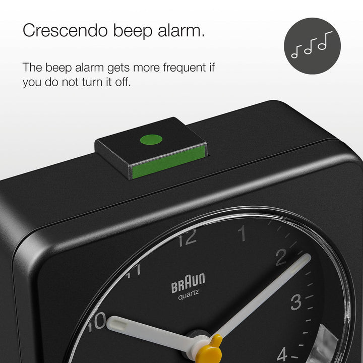 Braun Classic Analogue Alarm Clock with Snooze and Light, Quiet Quartz Sweeping Movement, Crescendo Beep Alarm in Black, Model BC03B.